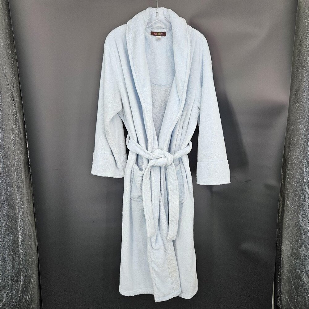Stan Herman Robe Womens L/XL Light Blue Plush Fleece Belted Shawl Collar Pockets - Picture 3 of 12